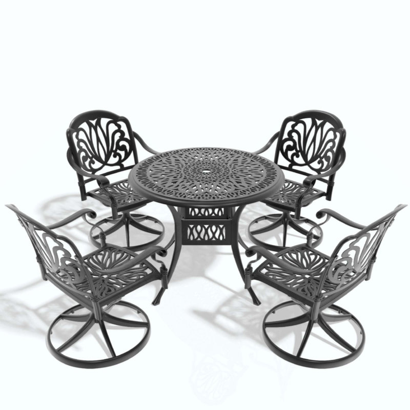 L'ensemble de salle à manger en fonte d'aluminium toutes saisons comprend 4 chaises pivotantes et une table ronde avec cadre