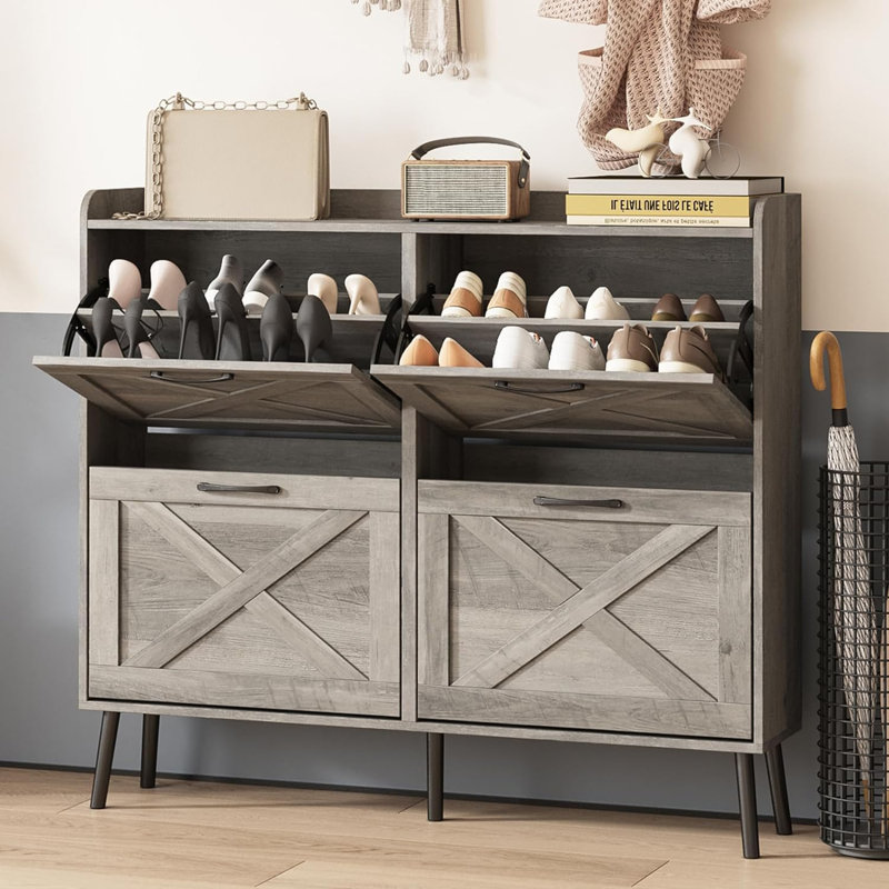 Large Shoe Cabinet With 4 Flip Drawers For Entryway, Light Rustic Oak