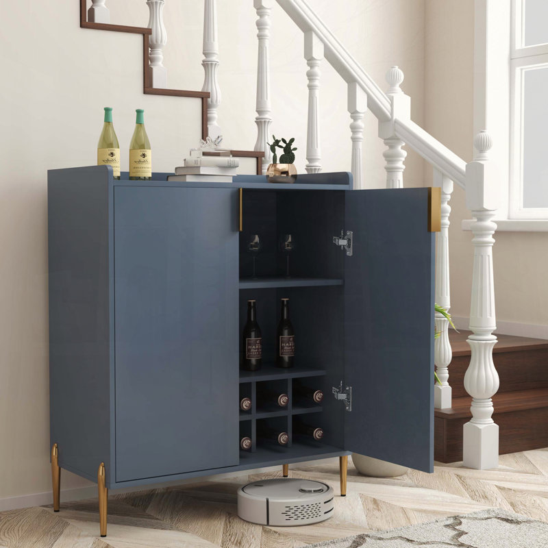 Blue Wine Bar Cabinet with Adjustable Shelf, Blue