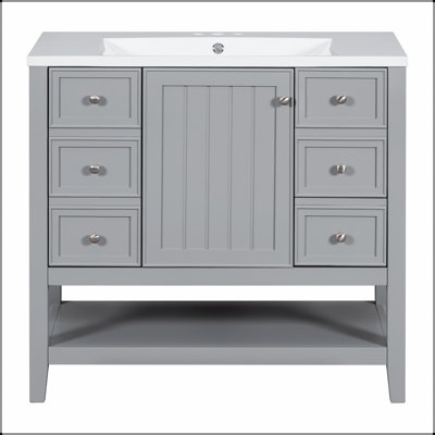 Meuble-lavabo de 36 pouces en bois massif et panneau de fibres à densité moyenne avec lavabo, une armoire, trois tiroirs pour un rangement spacieux et une conception élégante