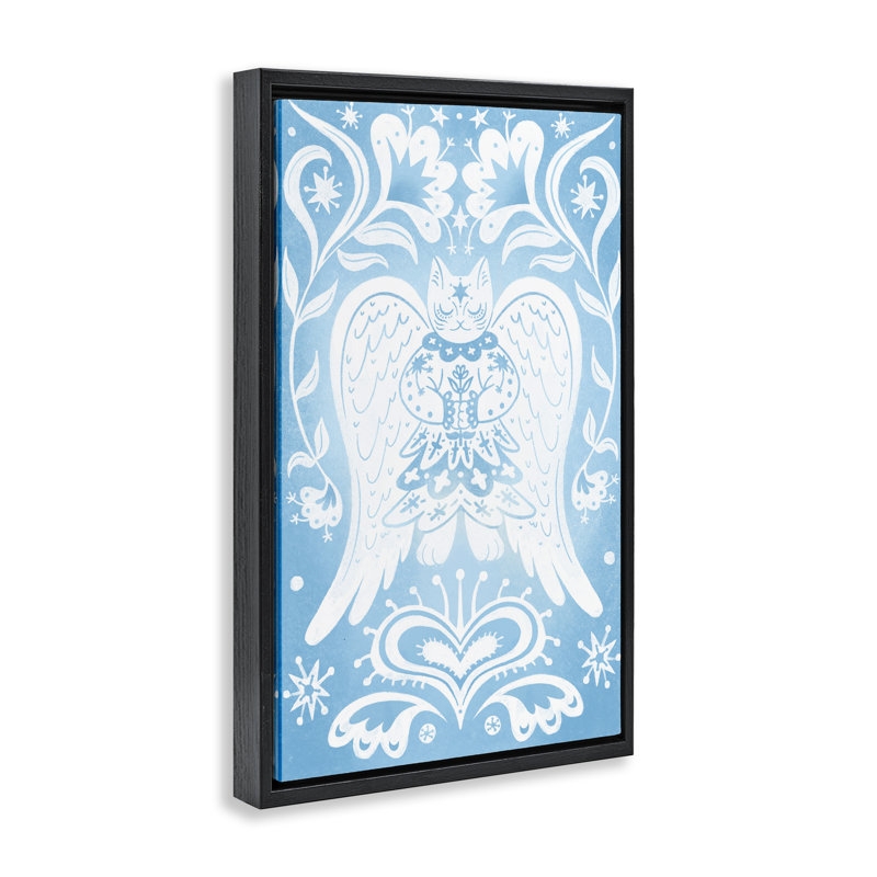 Cadre flottant symétrique avec motif de chat ange, design par Hannah Moren, H 31 po x l 21 po, Cadre flottant noir de jais