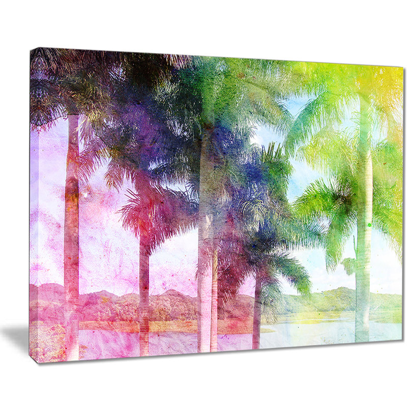 " Green Retro Palm Trees ", 16' H x 32" W x 1" D, Wrapped Canvas