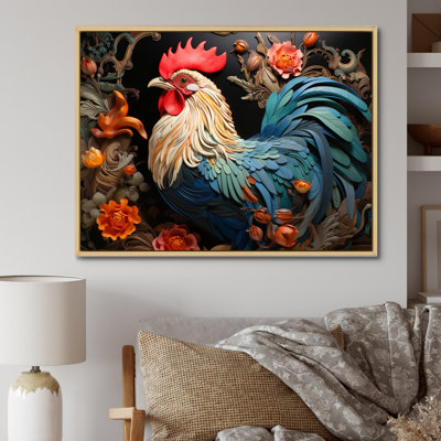 Coq bleu avec fleurs orange