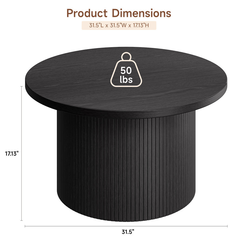 31.5" Round Coffee Table with Solid Wood Base, Black