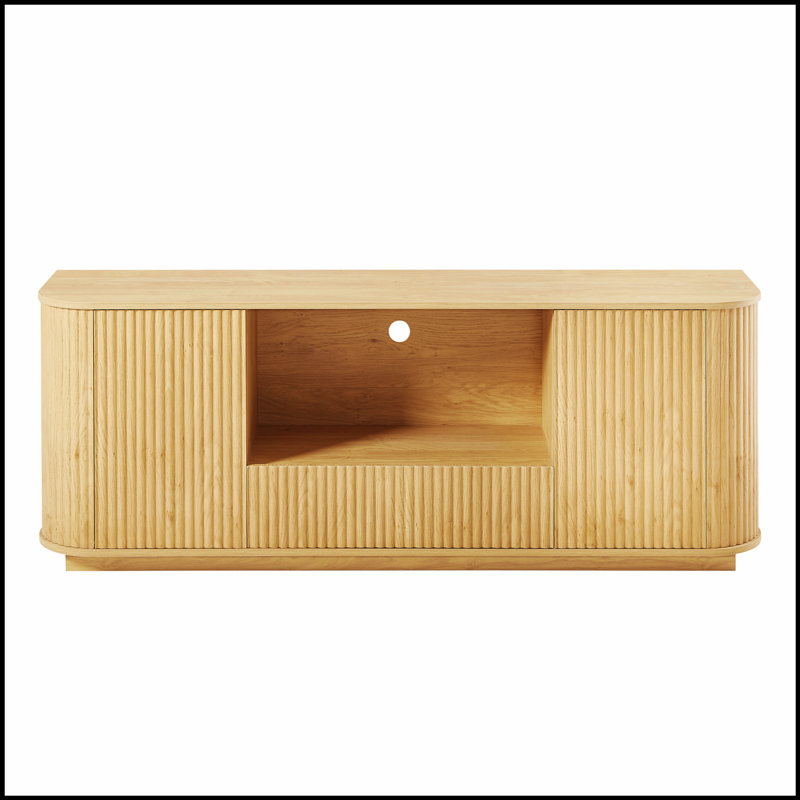 64-Inch Wavy TV Stand with Rounded Sideboard, Spacious Storage Cabinet, Wooden Vertical Stripes for Modern Living Spaces, Natural Finish