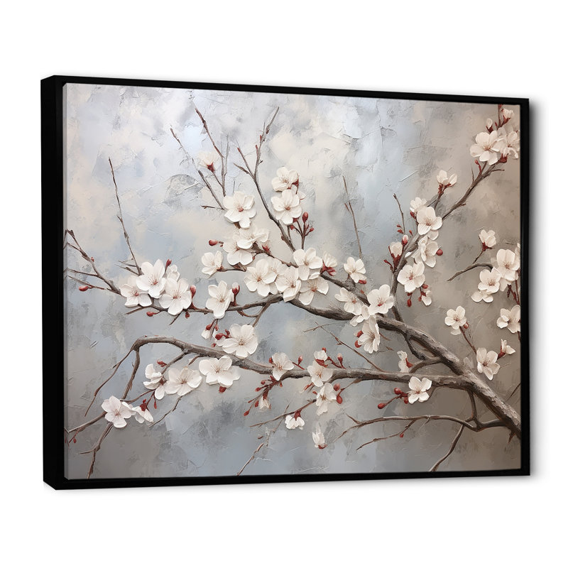 Fleur de cerisier minimaliste gris et beige I - art mural Cherry Blossom, H 16 po x l 32 po x P 1 po, Cadre flottant noir