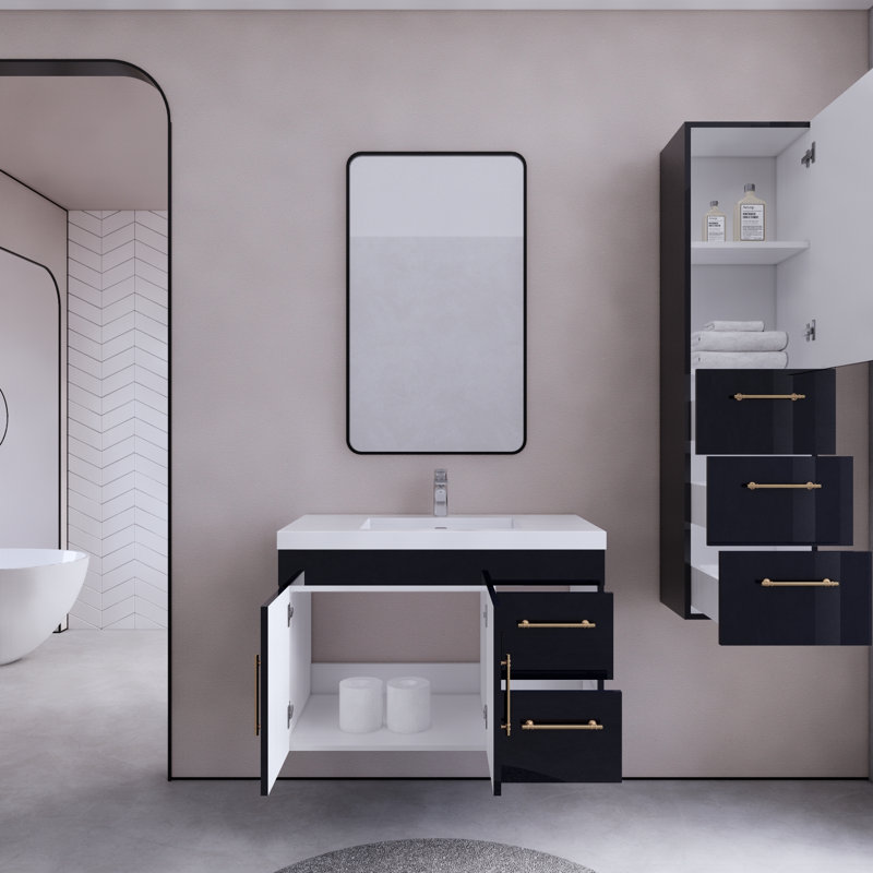 Blandon 35.43'' Single Bathroom Vanity with Acrylic Top, Navy Blue