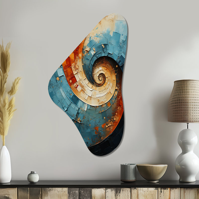Cindylou - Art mural abstrait en spirale à imprimé métallique asymétrique, décoration murale de forme irrégulière orange