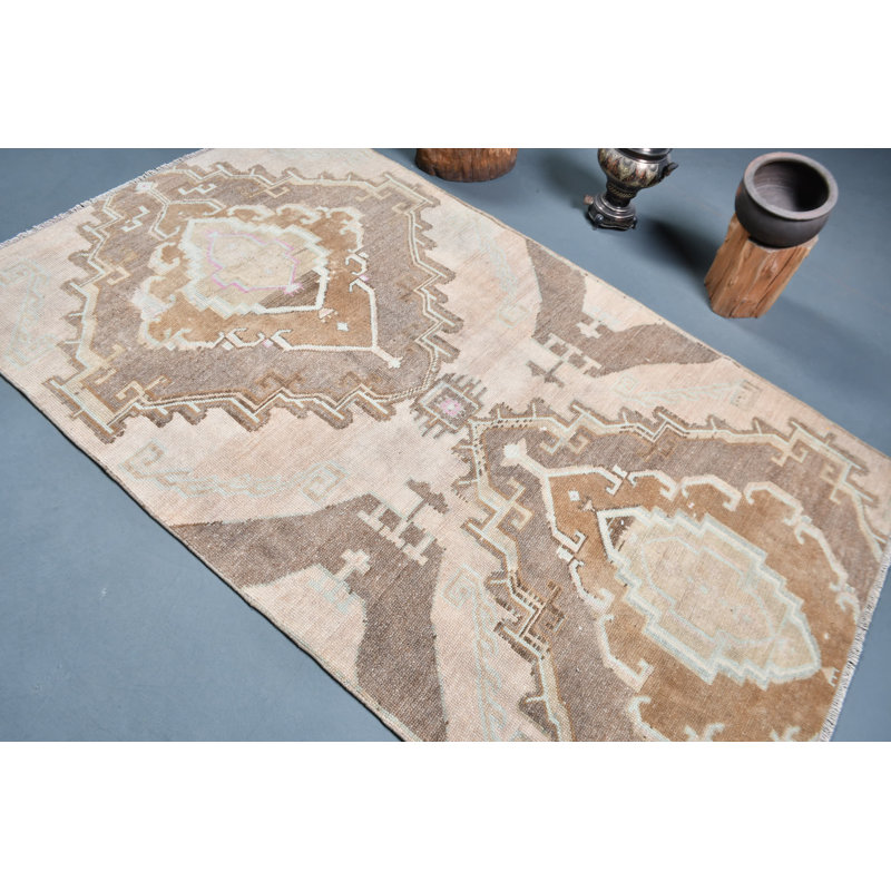 Handcrafted Vintage Turkish Area Rug in Neutral Beige Brown with Geometric Pattern for Boho Decor Brown/Beige