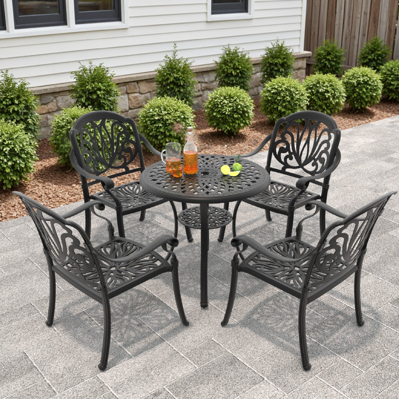 5-Piece 30.71 - inch Round Table Cast Aluminum Outdoor Dining Set with Umbrella Hole and Brown Cushions