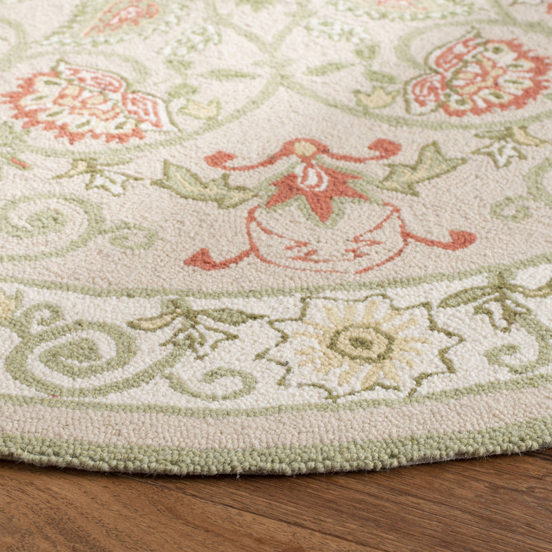 Tapis beige / vert en laine à motif floral crocheté à la main Hollander, Rond 8 pi