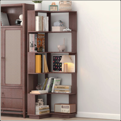 Corner Book Shelf, 6 Tier Corner Bookshelf Etagere Bookcase With Baffle, Freestanding L Shaped Display Shelf Stand For Home Office, Living Room, Bedroom, Kitchen, Rustic Brown