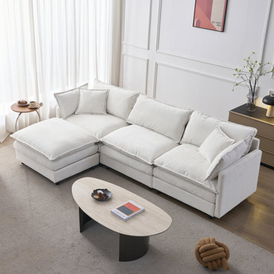 105" Modular Sectional Couch,Upholstered Soft Chenille Fabric Sofa,3 Seater with Ottoman L Shape Sofa Beige