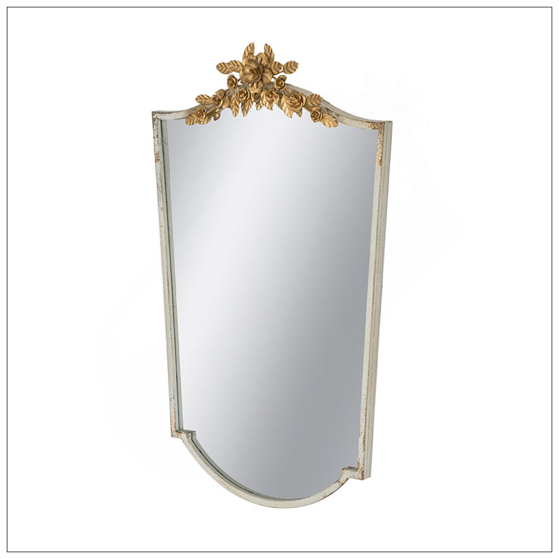 Vintage-Inspired Arched Wall Mirror With Distressed Ivory Frame And Gold Floral Crown, Perfect For Elegant Home Decor