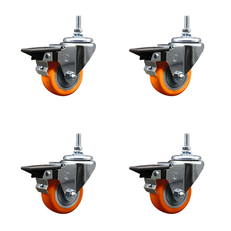 Ensemble de roulettes à tige filetée en polyuréthane 12 mm 3 pouces avec frein, H 8 po x l 8 po x P 8 po, Vert