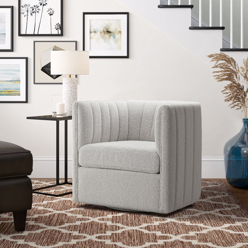 Irasema Upholstered Swivel Barrel Chair, Beige Microfiber/Microsuede