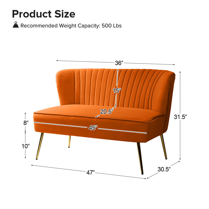 Causeuse sans accoudoirs en velours 47 po Leona, Orange