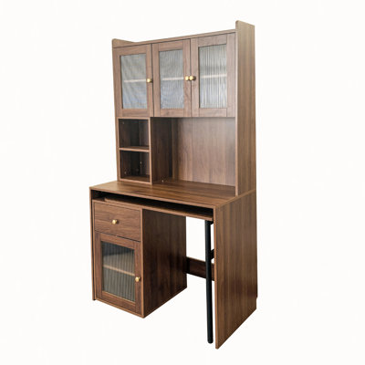 Computer Desk with glass door for Home Office or Study desk, Bookshelf & Hutch, Computer Desk with 90 Degree Rotating Desktop,Large Working Space