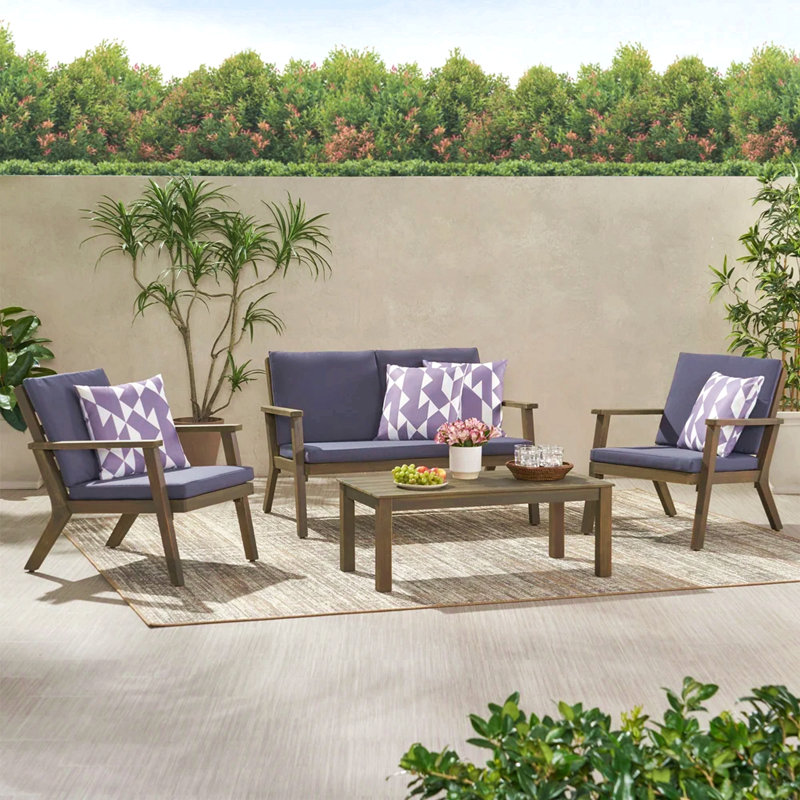 Ensemble de causeuse d'extérieur en bois d'acacia 4 places Temecula - Causeuse, table basse et 2 fauteuils club - fini gris + coussin gris