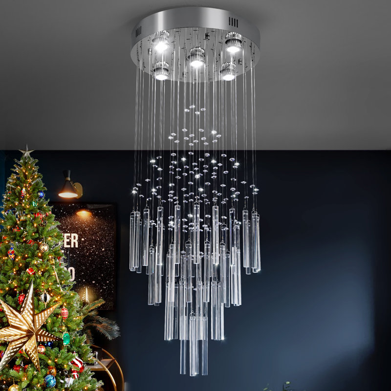 Modern Crystal Chandelier - Long High Ceiling Fixture For Foyer, Entryway, And Living Room, Diameter 15.8"