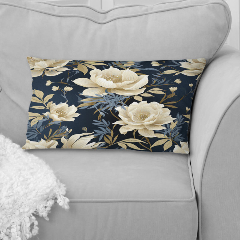 Coussin décoratif imprimé floral ivoire et bleu Industrial I