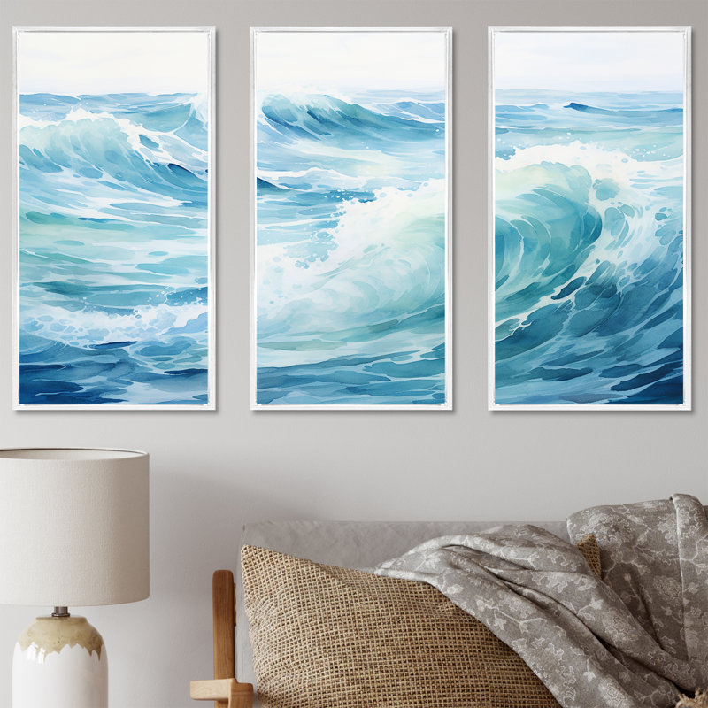 «Blue Ocean In Motion Scenery IV», ensemble de reproductions d'art mural océan, Cadre flottant blanc