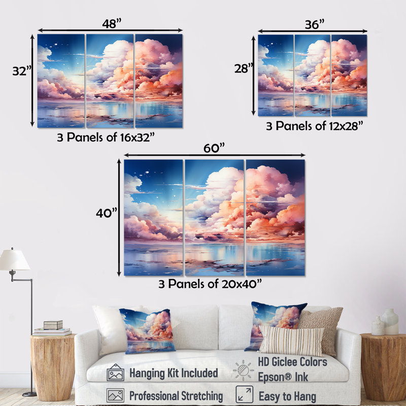 Fantaisie, ciel, paysage, minimalisme - ensemble de décorations murales ciel, Toile tendue, H 32 po x l 48 po x P 1 po
