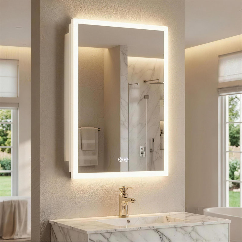 Armoire à pharmacie lumineuse à DEL avec miroir anti-buée, armoire de salle de bain intelligente à encastrer ou à surface, droit réglable 3 couleurs, tablette en verre, douille de rasoir USB