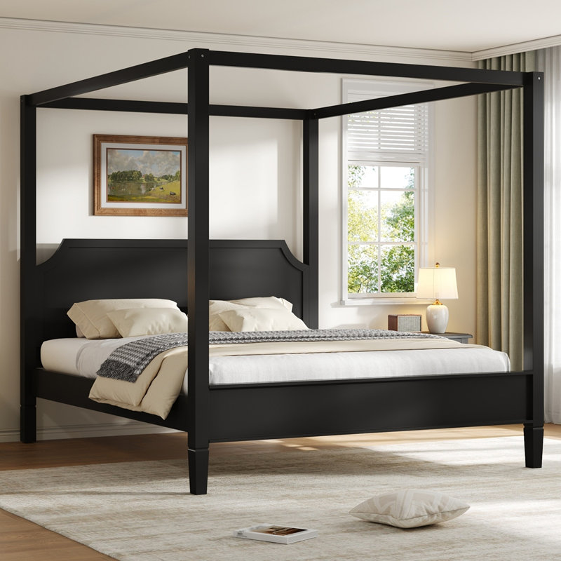 Lit plateforme à baldaquin en bois avec tête de lit et pieds de support, Black, King