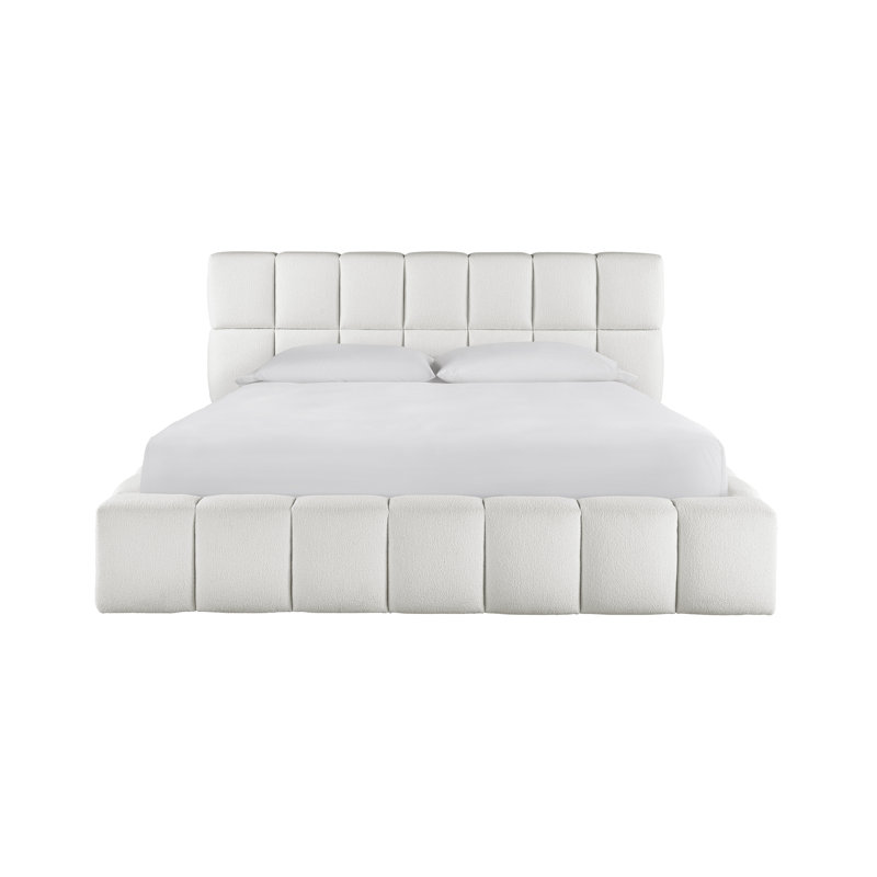 Ivory Upholstered King Bed with Rolled Cube Design
