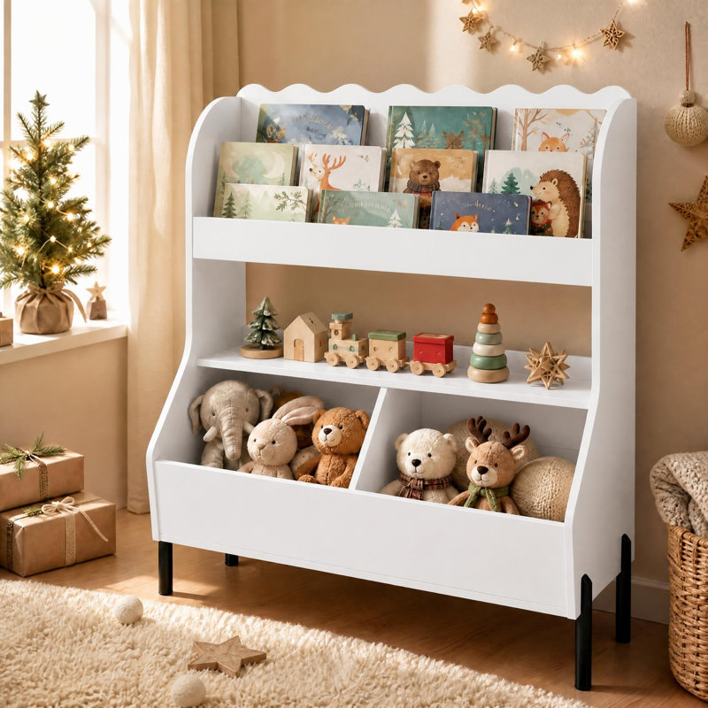 Bibliothèque de rangement en bois pour jouets d'enfants avec 2 bacs et tablette ouverte, blanc naturel, Blanc