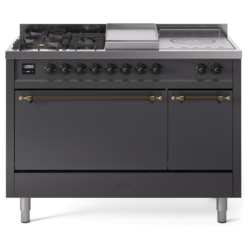 ILVE Nostalgie II 48 in Dual Fuel Range, 5 Burner, Griddle, Frenchtop, Liquid Propane, Graphite Matte/Bronze