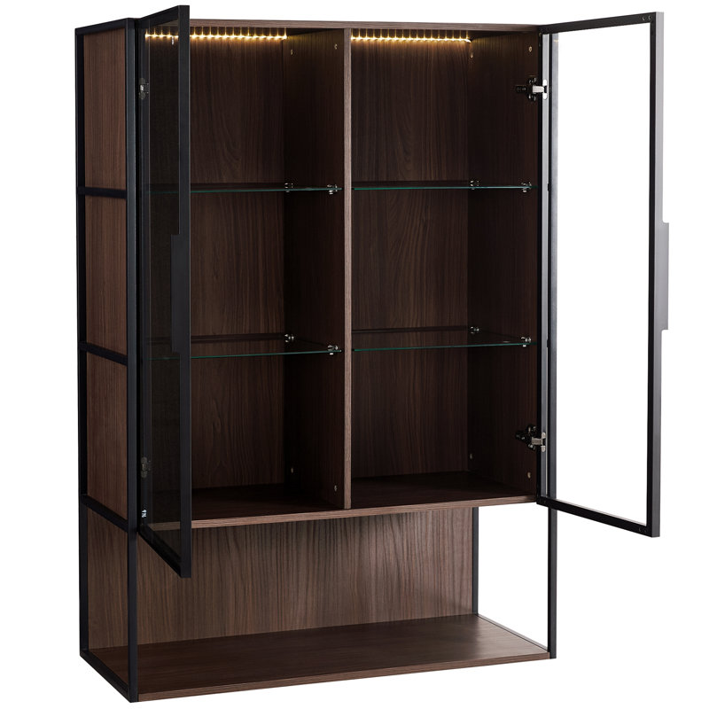 51.2'' Freestanding Lighted Display Cabinet, Glass Door Pantry Cabinet,  Cabinet With 4-Tier Adjustable Glass Shelves And Metal Frame, For Livingroom, Kitchen & Office - Brown