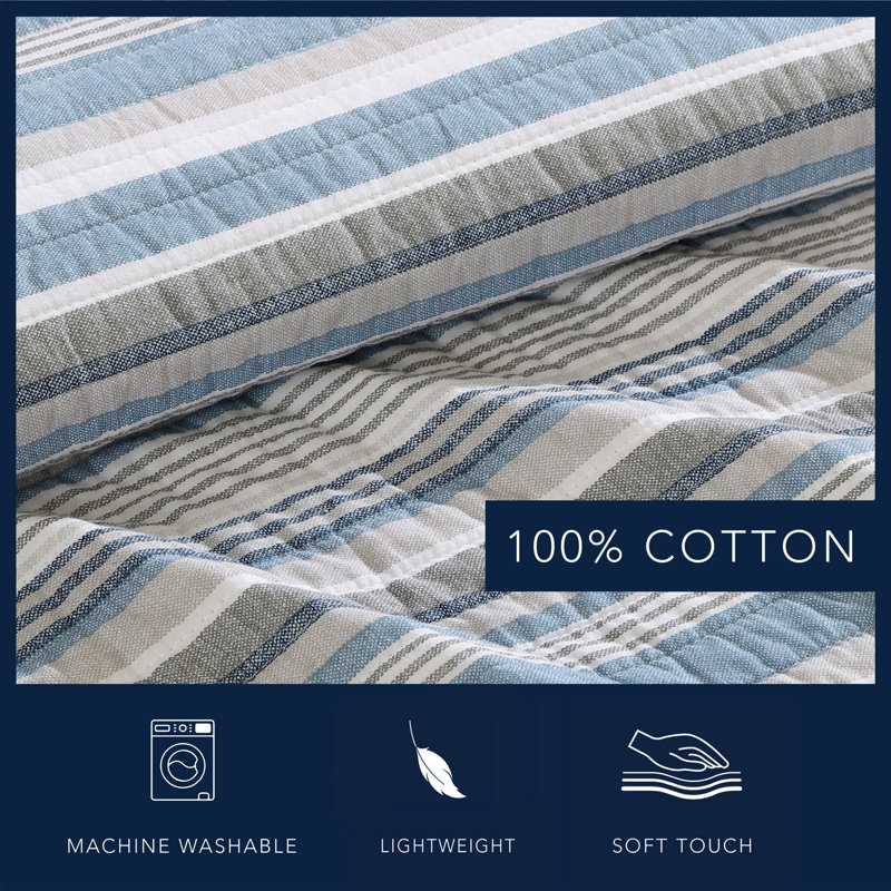 Chambray Blue Cotton Twin Reversible Quilt Set