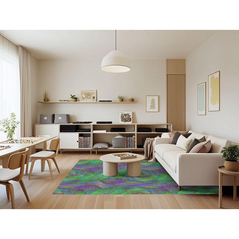 Tapis vert/mauve à motifs, Rectangle 7 pi x 9 pi
