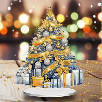 Angustias  5D DIY Christmas Tree with Yellow Ribbon Diamond Painting Kit Crystal Rhinestone Acrylic Table Top Decoration (Xmas Tree 3)