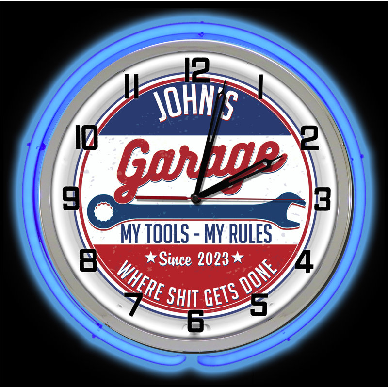 Customized 18.75" Red Neon Tool Rules Garage Wall Clock, Blue