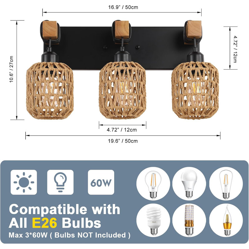 Black Metal and Natural Rattan 3-Light Bathroom Vanity Fixture