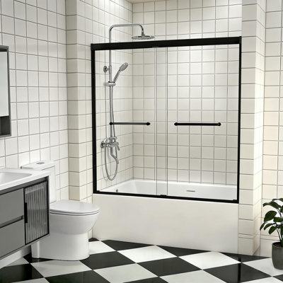 DAQING 56"-60"W x 60"H Double Sliding Framed Shower Door | 1/4" (6mm) Tempered Glass with Explosion Proof Film | Aluminum Frame | Stainless Steel Handle | Matte Black