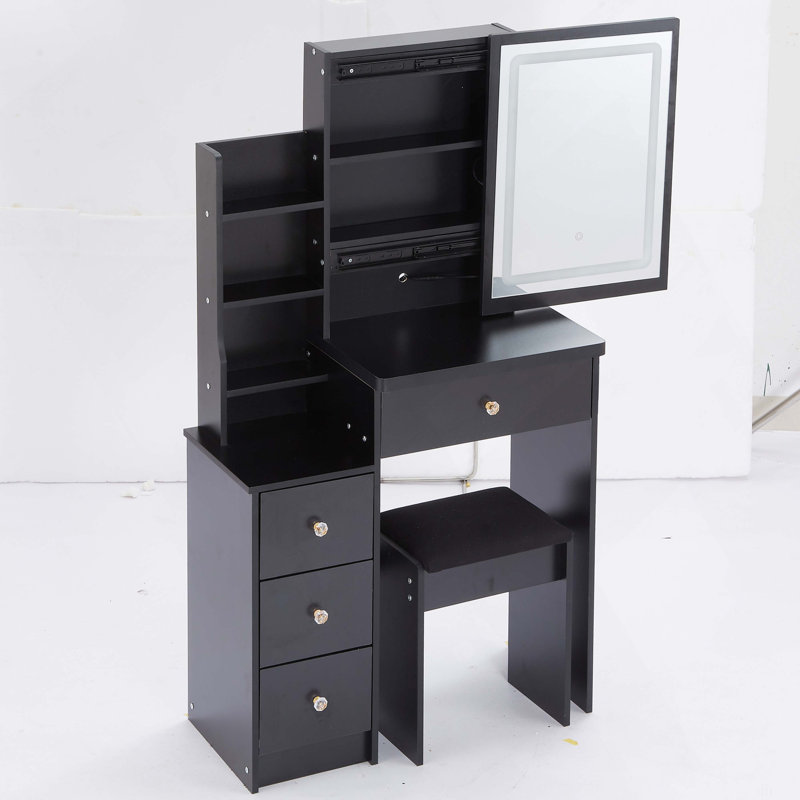 Tabouret de chevet de 29,2 po de petite taille avec tablette de chevet, grand tiroir coulissant, commande tactile, interrupteur tricolore, miroir à luminosité réglable, rangement à grande capacité