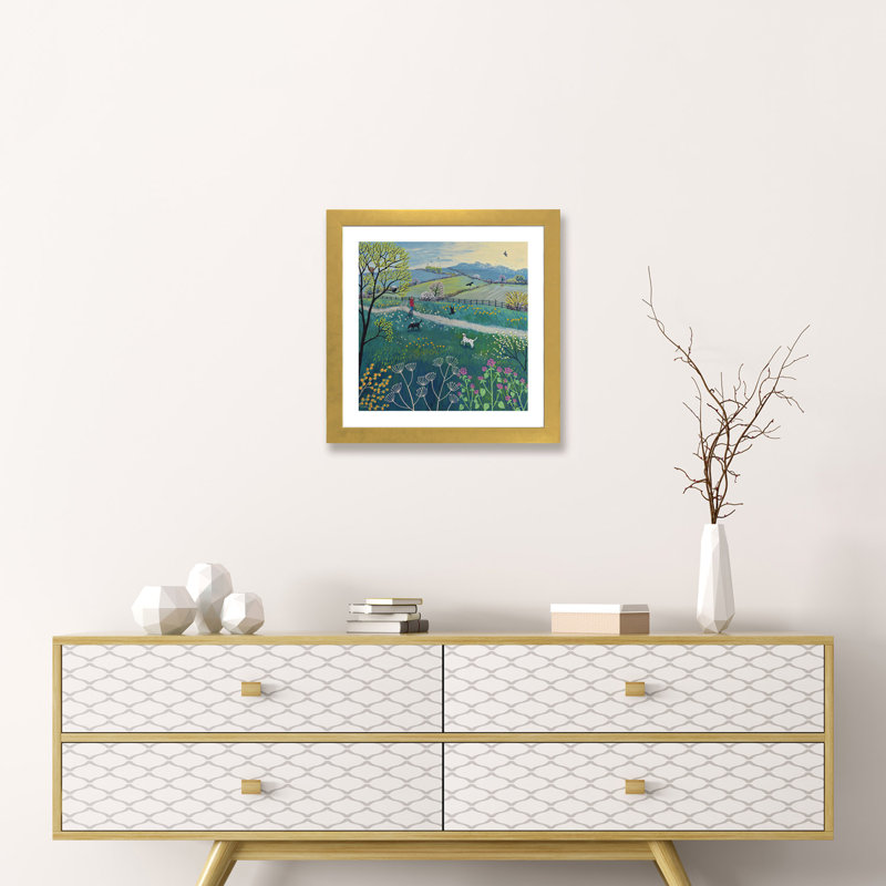 «Spring Walk» par Jo Grundy - impression d'art graphique, H 16 po x l 16 po x p 1 po, Papier encadré doré