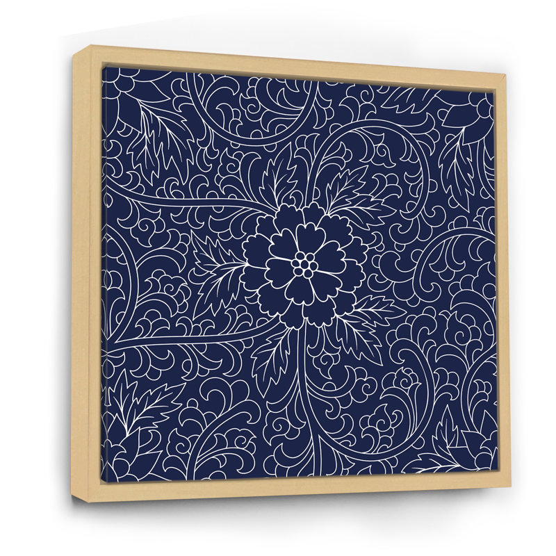 Motif chinois bleu foncé - impression sur toile moderne, Cadre flottant en érable, H 36 po x l 36 po x P 1 po