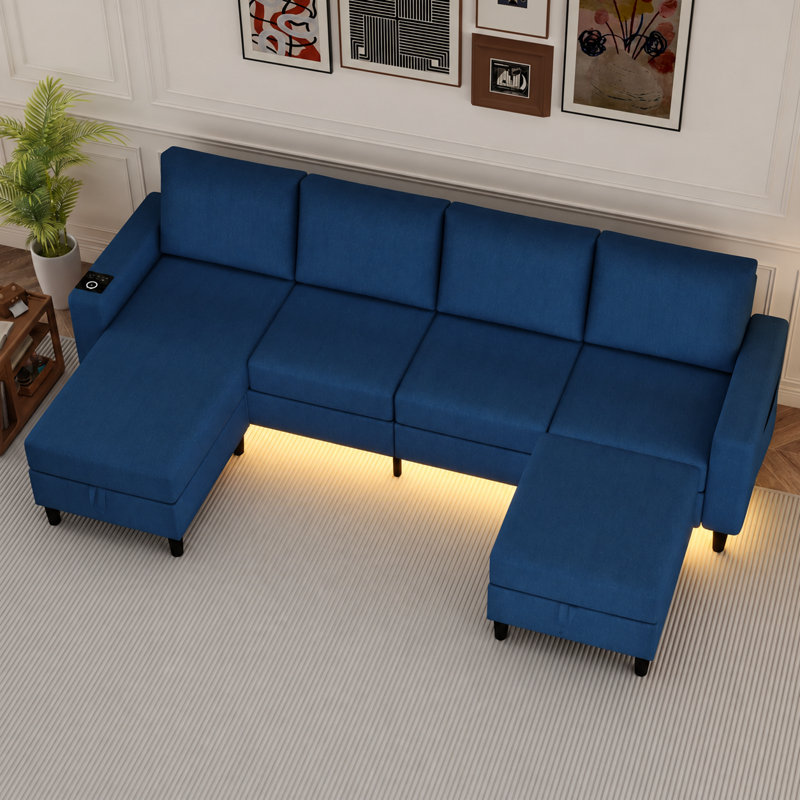 Canapé modulaire en U réversible 5 pièces avec repose-pieds de rangement, recharge sans fil et lumières RVB, Bleu