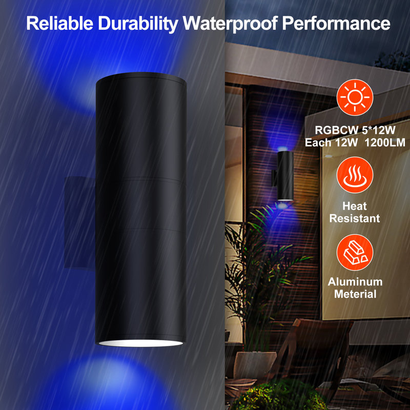 Smart Rgbcw Up And Down Outdoor Wall Lights 120w, Dual Beam Led Wall Sconce With App & Rf Control, 2700k-6500k Adjustable White, Color Changing Dimmable Exterior Light For Porch, Patio, Garage(2-pack)