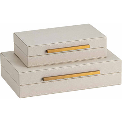 Set Of 2 Beige Shagreen Decorative Storage Boxes With Gold Metal Handles – Faux Leather Jewelry & Memory Boxes, Nesting Photo Organizers For Home Decor