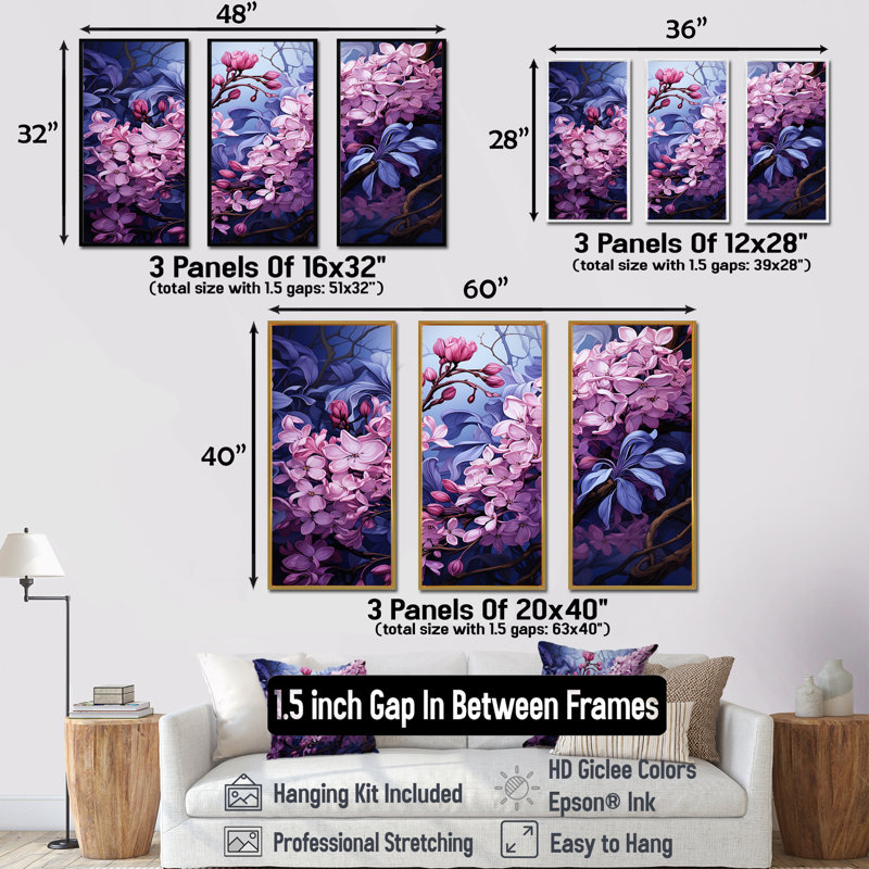 Fleurs lilas en pleine gloire I - ensemble d'art mural sur toile lilas, Cadre flottant noir, H 40 po x l 60 po x P 1 po