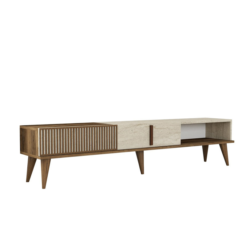 Meuble télé moderne avec plusieurs tablettes, finition noyer et travertin, 70,9 x 15,7 x 15,0 pouces | 100% panneau de particules enduit de mélamine, épaisseur: 0,7 pouce | Pieds en plastique, fixation murale, capacité de 66 lb, design élégant et fonctionnel
