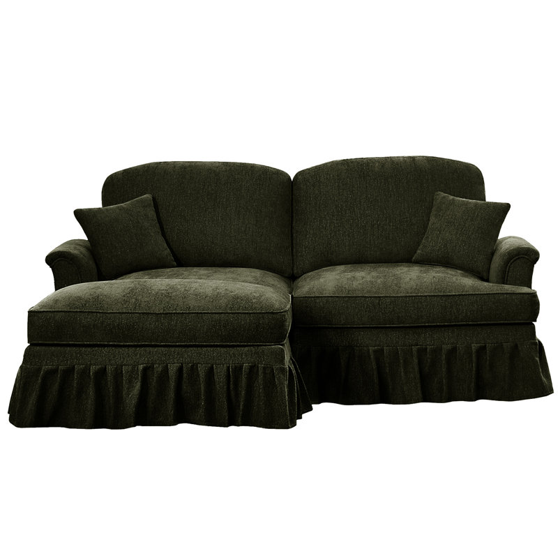 Canapé modulable deux places en chenille avec accoudoirs évasés, jupes à volants et plis amovibles et pieds fuselés, confortable et mobile, style milieu du siècle