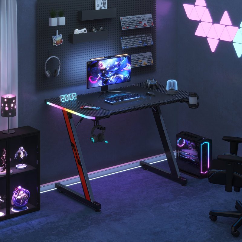 Edica Carbon Fibre Surface LED Gaming Computer Desk with Cup Holder & Headphone Hook, 29.3" H x 47" W x 23.6" D
