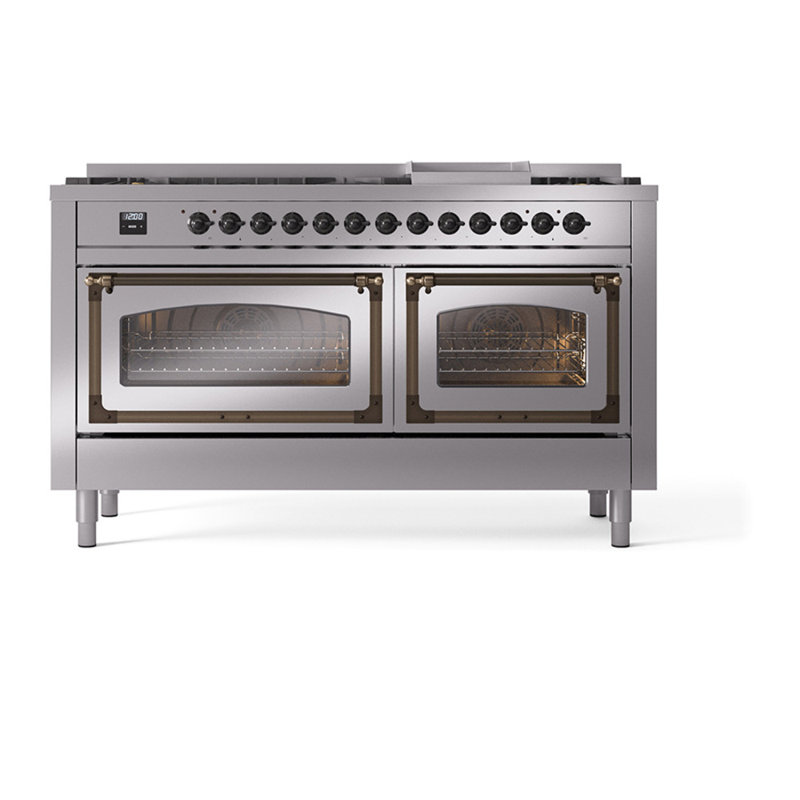 Cuisinière à double combustible ILVE Nostalgie II Series 60 po avec 9 brûleurs scellés, plaque de cuisson (propane liquide, porte vitrée)